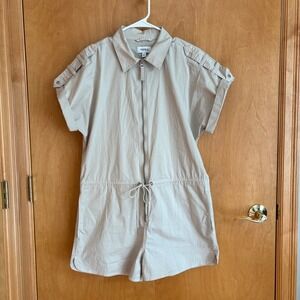 Pistola Womens Zip Up Romper Short Sleeve Drawstring Waist Casual Beige‎